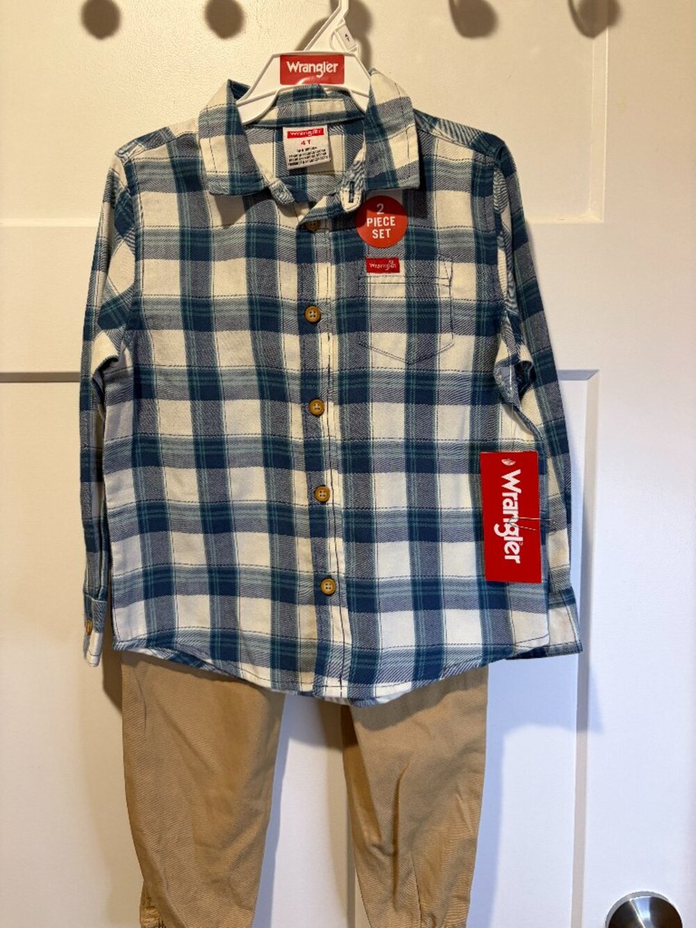 Wrangler Toddler Boys 4T Plaid Shirt Khaki Pants 2 Piece Outfit Set NWT